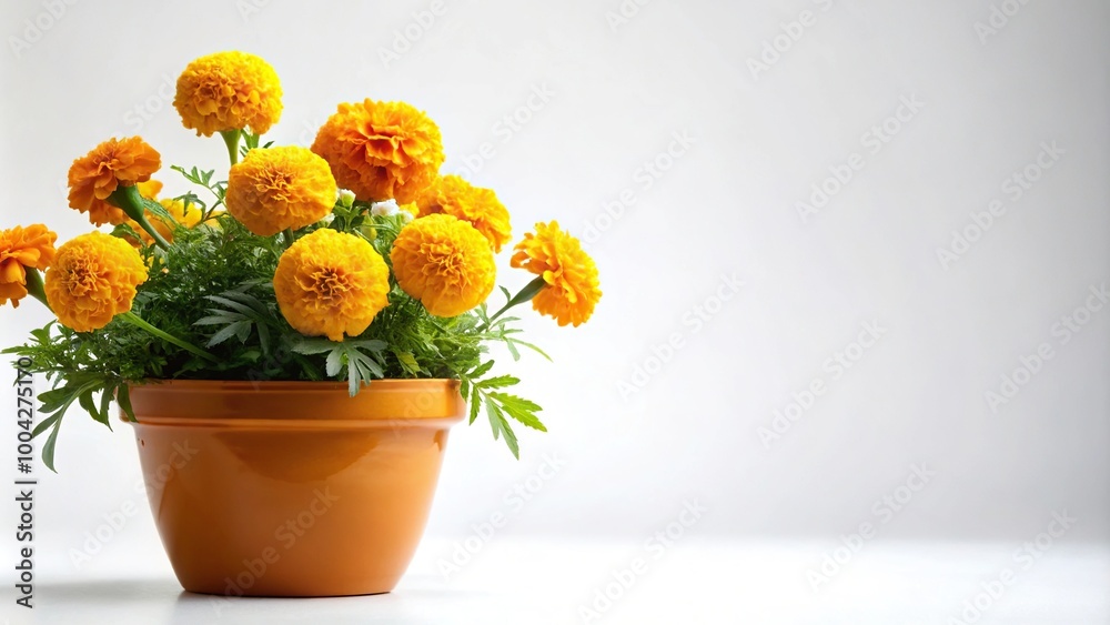 photography of marigold flowers in pot on white background photography of marigold flowers in pot on white background