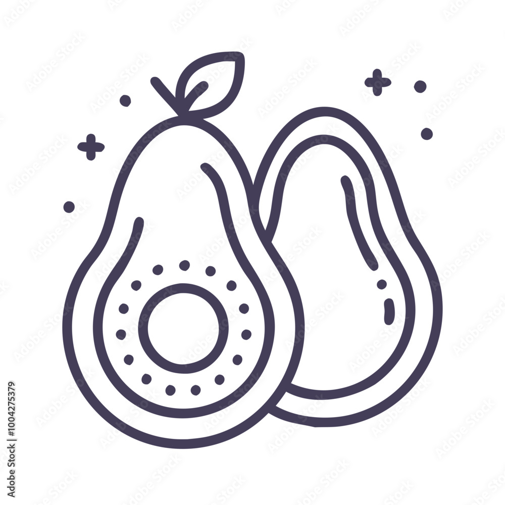 Avocado halves icon in simple black and white line art