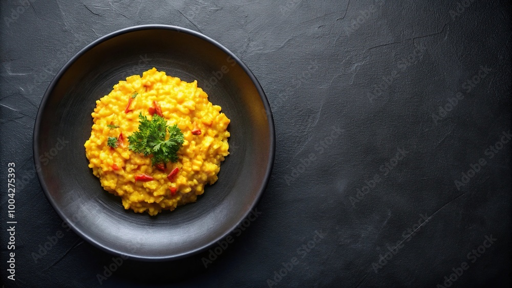 Photorealistic gourmet dish photo of saffron risotto in a dark plate top view perspective