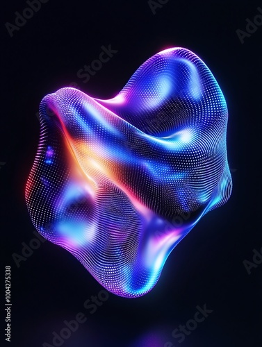 Abstract digital shape with vibrant glowing colors on a dark background, perfect for modern design. A minimalist poster in metallic and chrome gradient style.