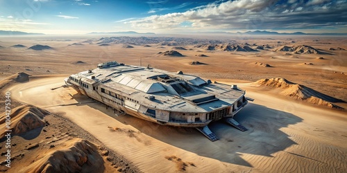 Fototapeta Naklejka Na Ścianę i Meble -  Photorealistic depiction of an abandoned spaceship in the desert