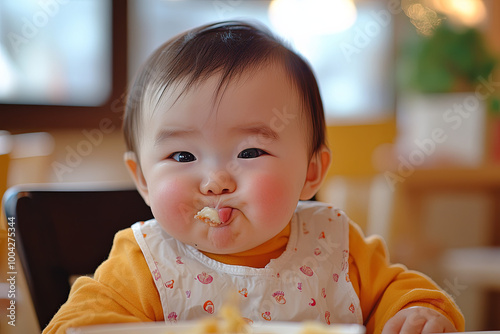 A baby making a funny face while eating photo