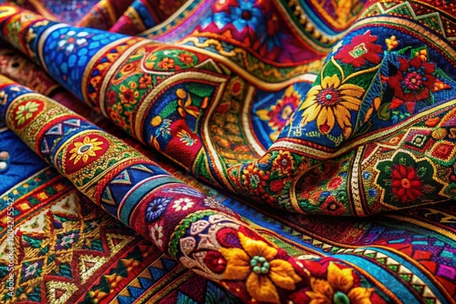 Colorful fabric with intricate floral patterns and designs.