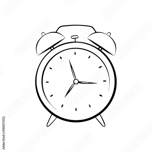 Black and white alarm clock icon in simple line art, a simple monochrome vector