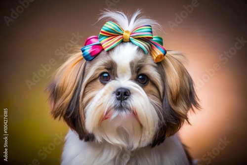 Cute dog with colorful bow on its head, soft focus background. photo