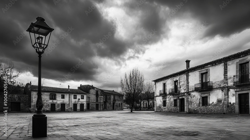 Obraz premium A black and white image of a deserted town square with historic buildings and a lamp post under a cloudy sky. Medinaceli. Spain