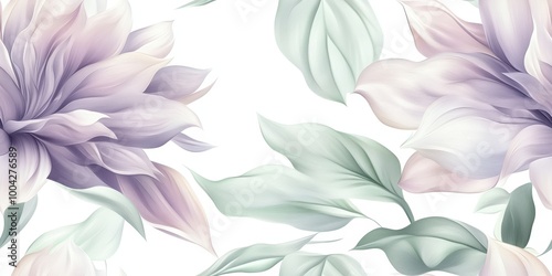 Soft floral design featuring pastel flowers and leaves on a white background.