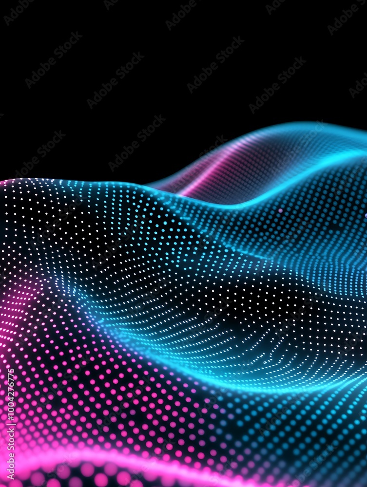 Abstract digital wave patterns in vibrant pink and blue tones on a black background. A minimalist poster in metallic and chrome gradient style. Abstract digital wave patterns in vibrant pink and blue tones on a black background. A minimalist poster in metallic and chrome gradient style.