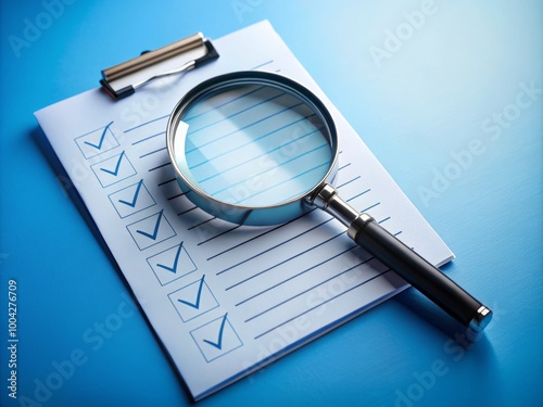 Magnifying glass on a checklist with blue background.