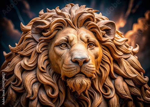 Majestic lion sculpture with intricate details, white isolated background photo