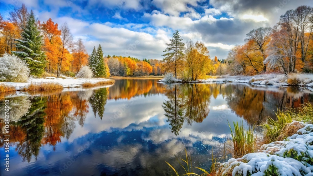 Picturesque autumn scenery transitioning to winter with first snow on pond Picturesque autumn scenery transitioning to winter with first snow on pond