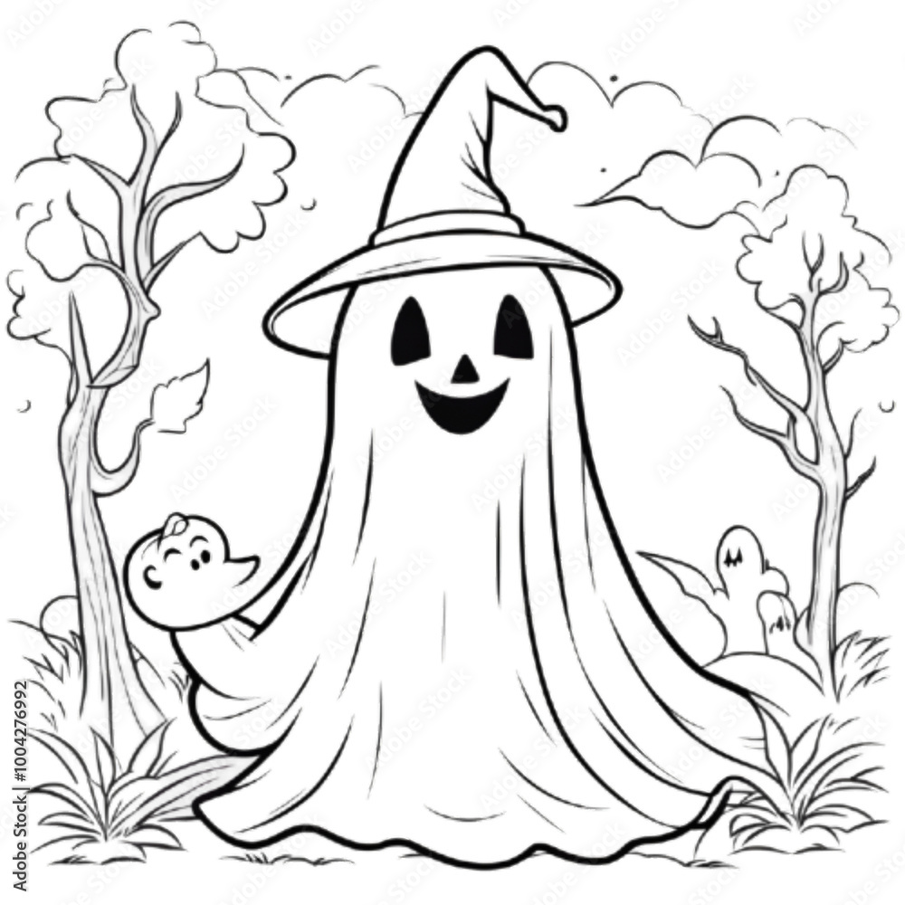 A line drawing of a halloween ghost with two bear trees transparent background A line drawing of a halloween ghost with two bear trees transparent background
