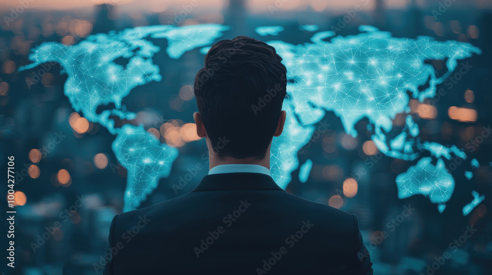 image depicts man in suit looking at digital representation of world map, symbolizing global connectivity and technology. image depicts man in suit looking at digital representation of world map, symbolizing global connectivity and technology.