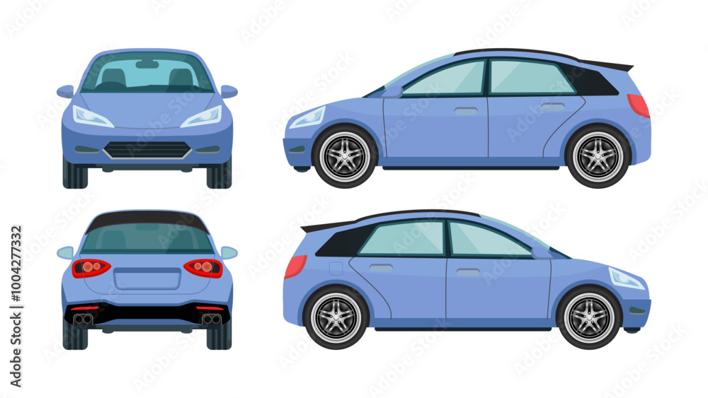 Realistic 3D Hybrid Blue Hatchback Car: Eco-Friendly Design with Front, Rear, Side, and Back Views. Vector illustrations. Realistic 3D Hybrid Blue Hatchback Car: Eco-Friendly Design with Front, Rear, Side, and Back Views. Vector illustrations.
