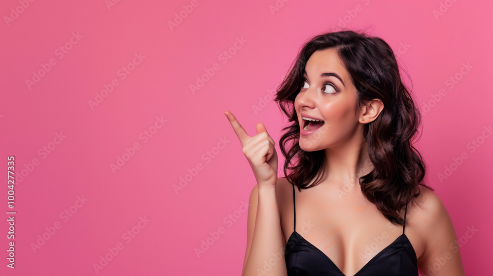 Beautiful girl posing on pink background and pointing finger at place for advertisement and text Beautiful girl posing on pink background and pointing finger at place for advertisement and text