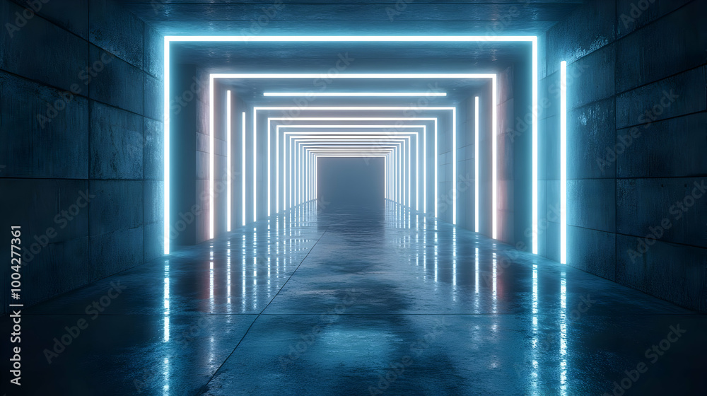 Neon Lights Reflecting in a Wet Concrete Hallway 3D Illustration Neon Lights Reflecting in a Wet Concrete Hallway 3D Illustration