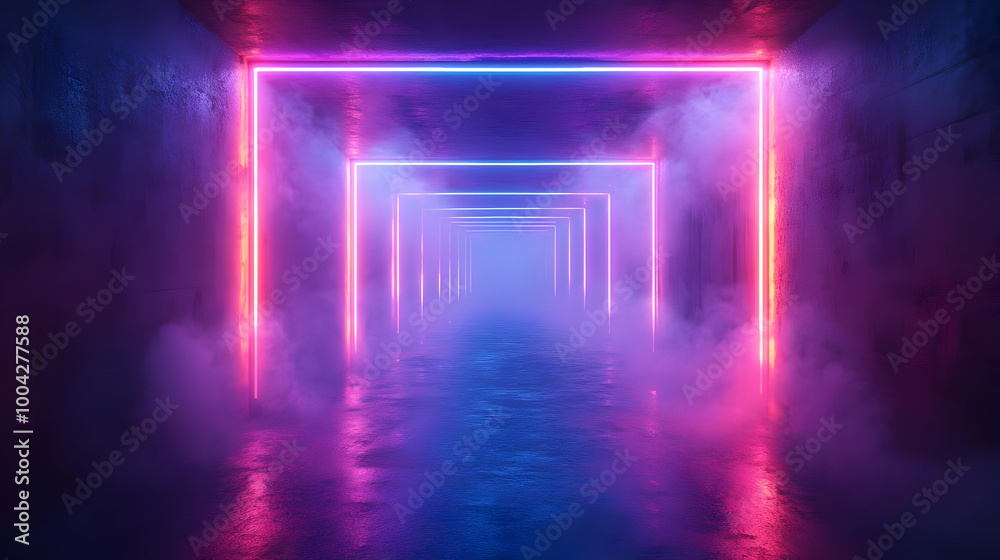 Neon Glow Abstract Background - Futuristic Tunnel with Smoke and Lights Neon Glow Abstract Background - Futuristic Tunnel with Smoke and Lights