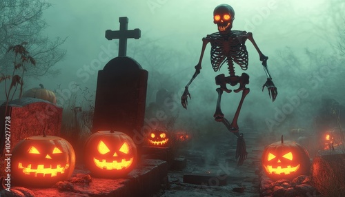 Haunting Halloween Scene with Skeleton, Pumpkins and Graveyard photo