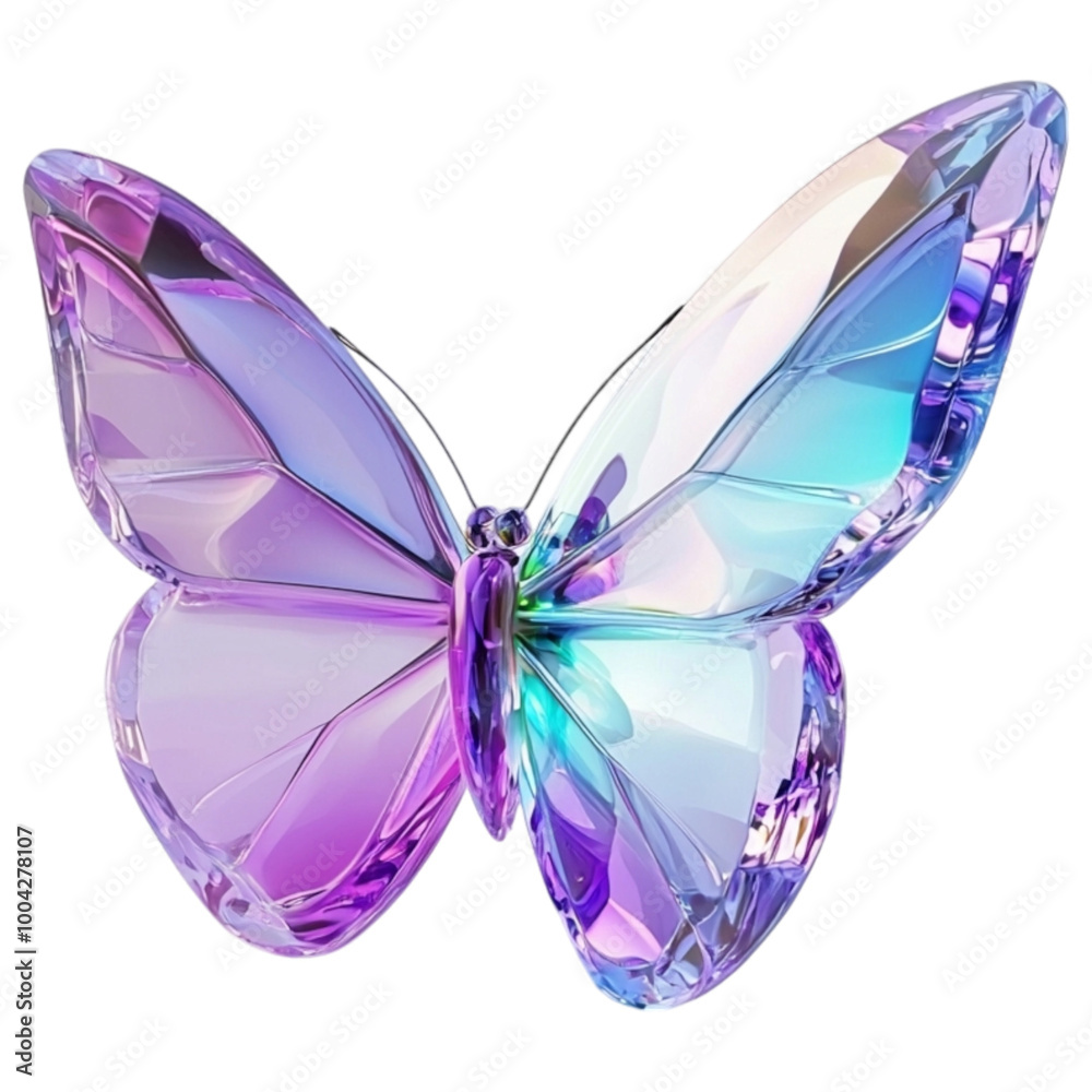 Colorful crystal butterfly sculpture isolated on transparent background.

