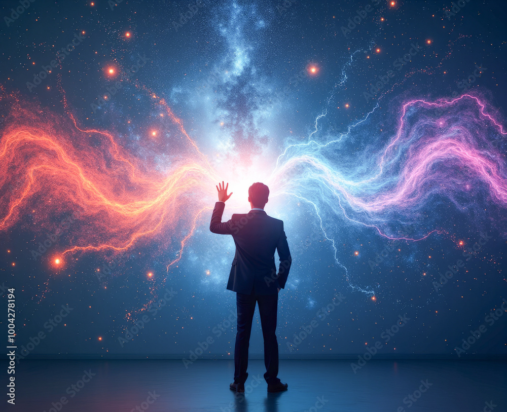 Fototapeta premium A man in a suit holds out his hand to the bright glow