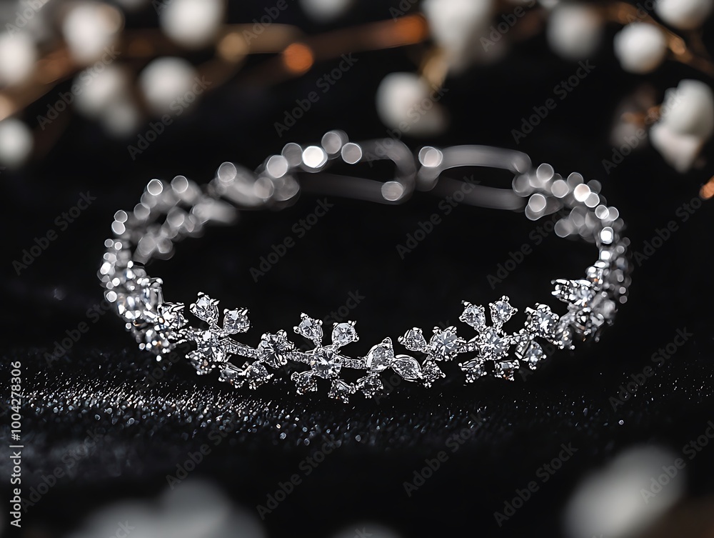 A silver bracelet with clear stones in a leaf pattern on a black background. A silver bracelet with clear stones in a leaf pattern on a black background.