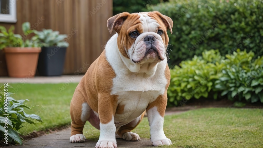 Red english bulldog in the garden Red english bulldog in the garden