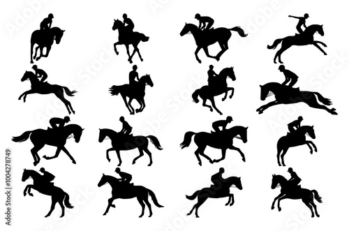 set of a Silhouette of a man riding a horse on a white background. equestrian sport silhouette
