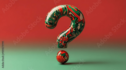 Question mark with 3d minimal style made with easern folklore patterns with vibrant red and green colors