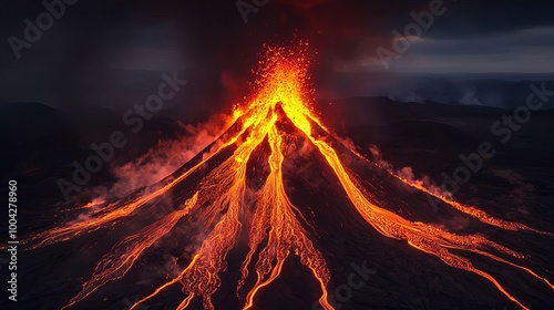 Breathtaking Aerial View of an Active Volcano Erupting with Lava Flowing Down Its Sides