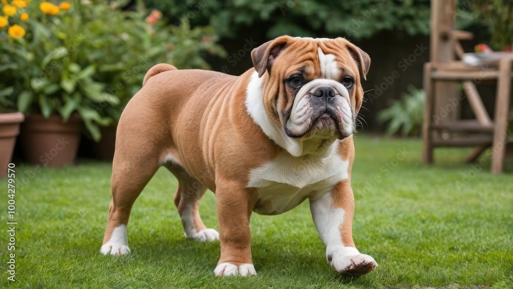 Red english bulldog in the garden Red english bulldog in the garden