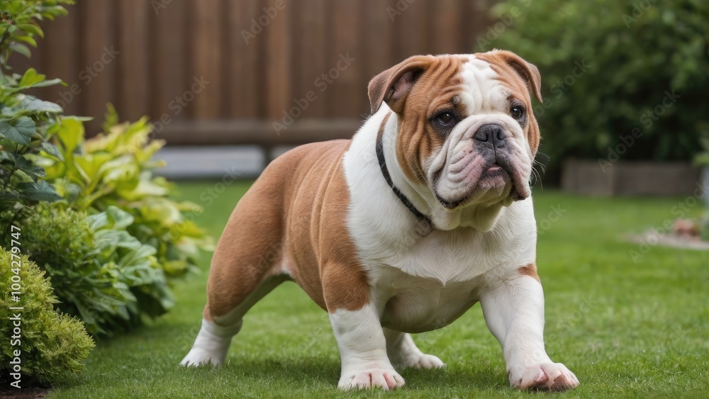 Red english bulldog in the garden Red english bulldog in the garden