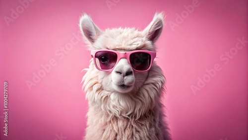 Pink alpaca wearing sunglasses against pink background with copy space and depth of field