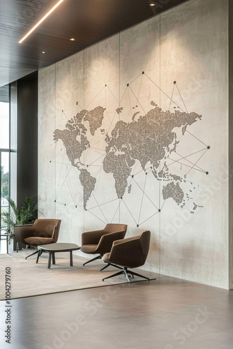 Digital world map with glowing nodes representing business hubs photo