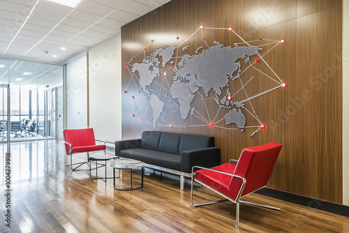 Digital world map with glowing nodes representing business hubs photo