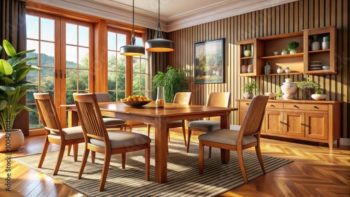 Elegant Wooden Dining Set with Chairs in Cozy Modern Dining Room Interior Design for Entertaining