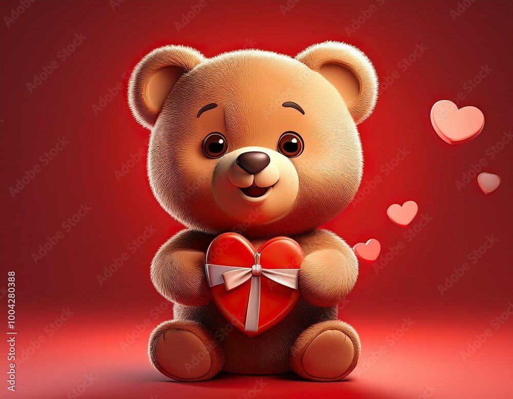 Cute Cartoon Teddy Bear. Holding a Heart Shaped Box of Chocolates on a Red Background Cute Cartoon Teddy Bear. Holding a Heart Shaped Box of Chocolates on a Red Background