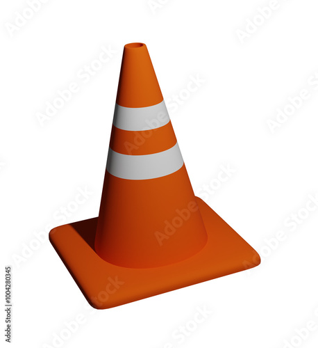 Isolated bright blaze orange cone with white stripes for traffic and safety