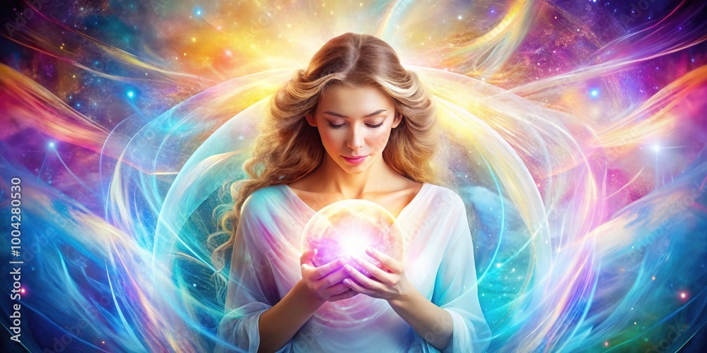 Embracing Feminine Energy with Healing Hands and a Bright Orb in an Ethereal Energy Field Background Embracing Feminine Energy with Healing Hands and a Bright Orb in an Ethereal Energy Field Background