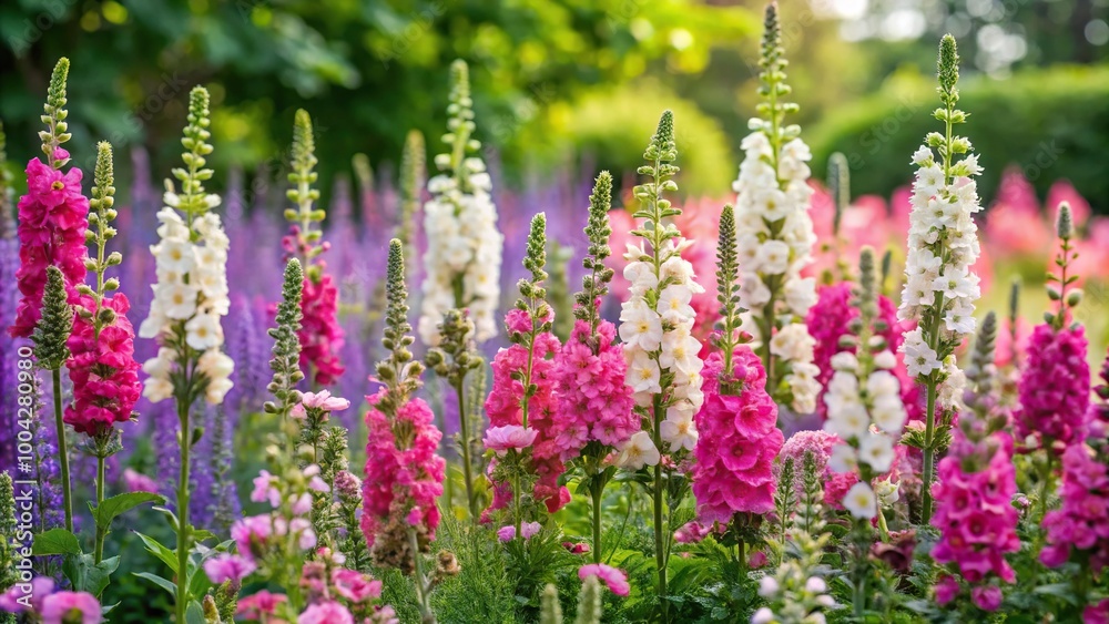 Pink and white verbascum flowers blooming in summer garden with roses and salvia Pink and white verbascum flowers blooming in summer garden with roses and salvia
