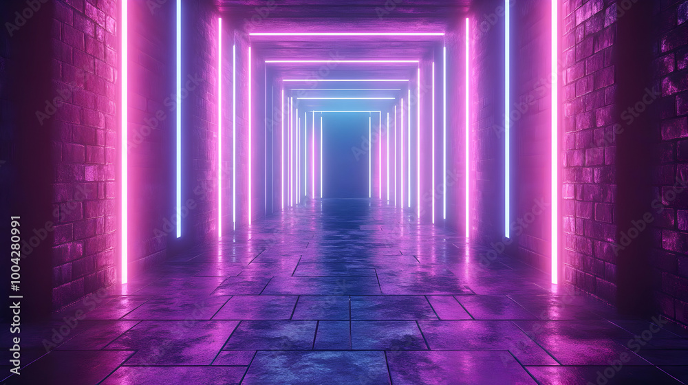 Neon Lights in a Dark Brick Tunnel - 3D Illustration Neon Lights in a Dark Brick Tunnel - 3D Illustration