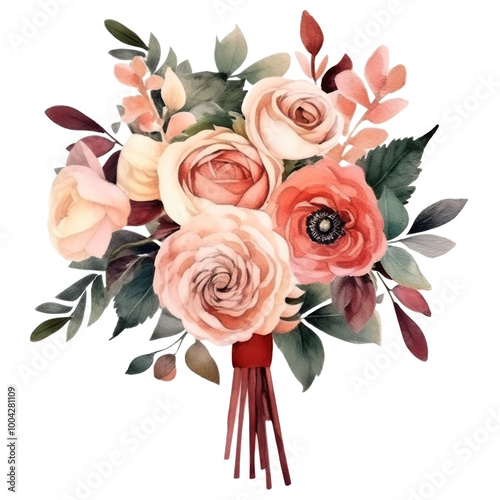 Bouquet of Flowers With Leaves on White Background
