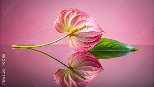 Pink background with reflection of Anthurium pistachio flower