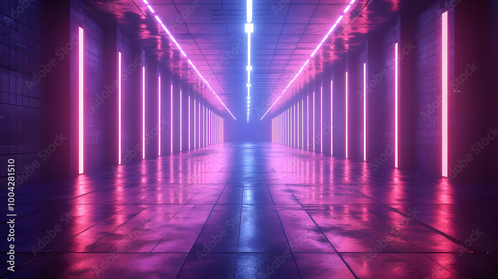 Neon Lights in a Wet Corridor 3D Illustration Neon Lights in a Wet Corridor 3D Illustration