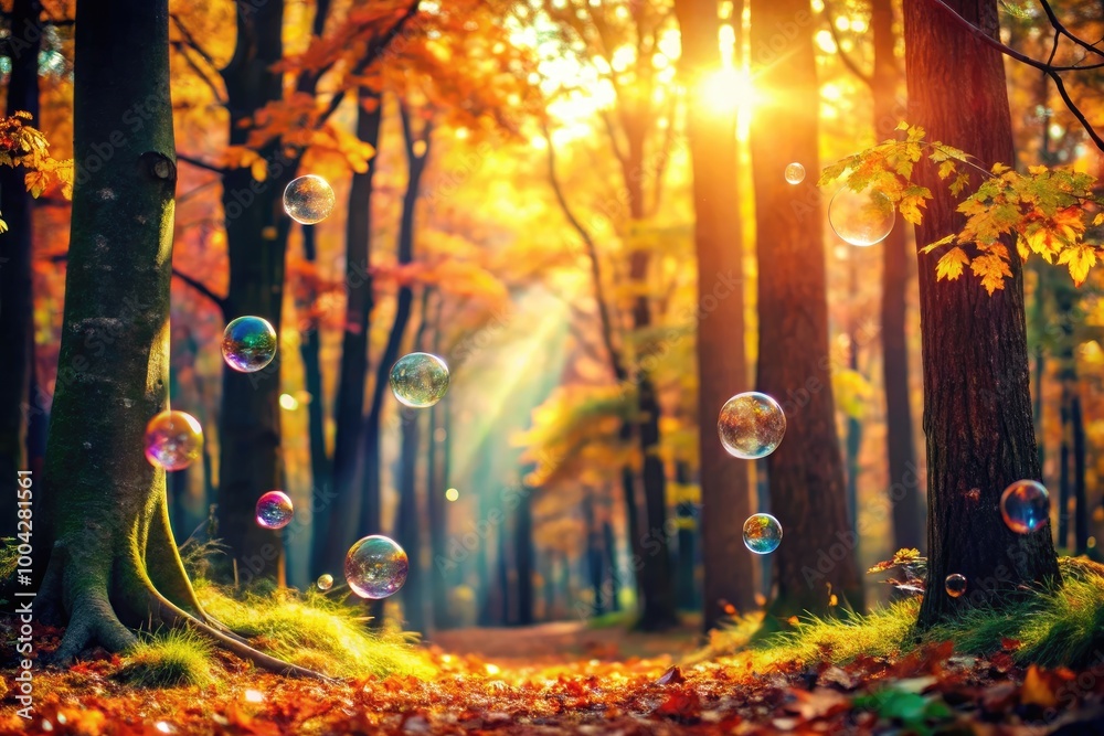 Enchanting Autumn Woodland Scene with Sunlight and Ethereal Bubbles Perfect for Seasonal Celebrations Enchanting Autumn Woodland Scene with Sunlight and Ethereal Bubbles Perfect for Seasonal Celebrations