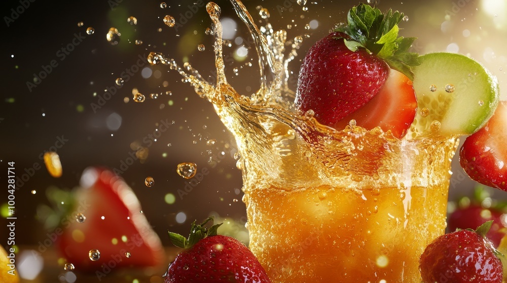 Fresh Juice Splash with Strawberries and Apples in Motion Fresh Juice Splash with Strawberries and Apples in Motion