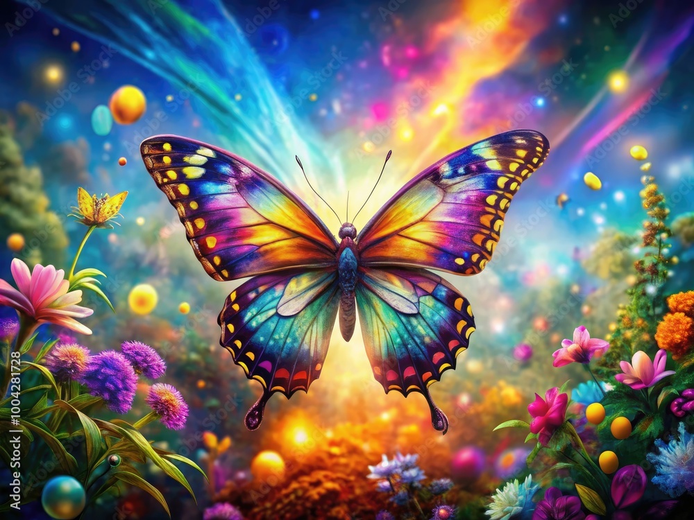 Enchanting Fantasy Butterfly with Shimmering Wings in a Dreamlike Colorful Landscape Setting Enchanting Fantasy Butterfly with Shimmering Wings in a Dreamlike Colorful Landscape Setting