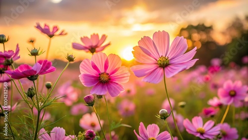 Fototapeta Naklejka Na Ścianę i Meble -  pink cosmos flowers in garden at sunset