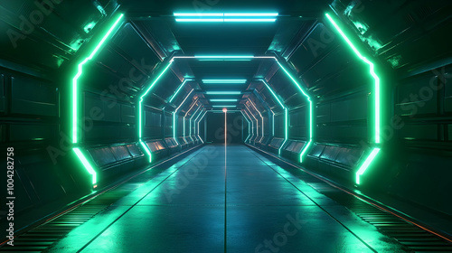 Futuristic Corridor with Green Neon Lights 3D Illustration