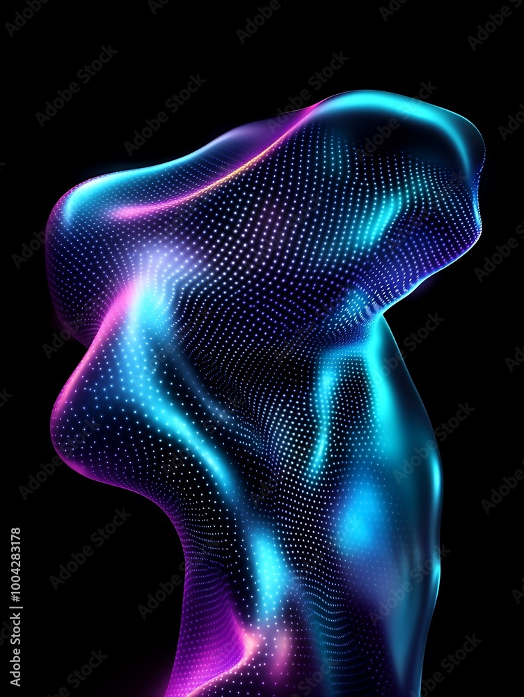 Abstract glowing figure in vibrant colors, against a black background, showcasing dynamic shapes and fluidity. A minimalist poster in metallic and chrome gradient style. Abstract glowing figure in vibrant colors, against a black background, showcasing dynamic shapes and fluidity. A minimalist poster in metallic and chrome gradient style.