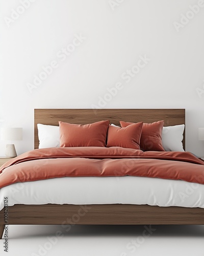 Minimalist Bedroom with Wooden Bed Frame and Rust-Colored Bedding, Modern Interior Design, Cozy and Relaxing Space, Ideal for Home Décor, Real Estate, Furniture Advertising, and Lifestyle Concepts